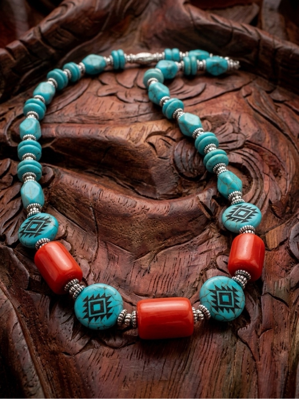 Handmade Turquoise & Coral Beaded Statement Necklace - Women Jewelry